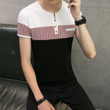 2016夏季新款短袖t恤男韩版半袖男士拼色条纹体恤青年打底衫潮流