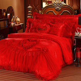 套婚庆天丝棉贡缎大红色四件套韩式蕾丝六件套结婚床上用品床单被