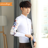 新款男式长袖衬衫韩版修身3D人物立体印花男寸衫丝绸免烫高档衬衣
