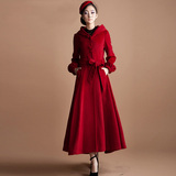 英伦秋冬新款学院女修身超长款外套红纯色羊毛呢大衣裙高端风衣帽