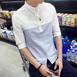 夏季男装短袖衬衣 男士韩版修身休闲白色衣服青少年七分袖衬衫潮