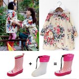 DRH韩国大花成人儿童雨衣雨鞋套装小孩宝宝雨衣雨具雨靴亲子雨衣