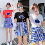 夏季韩版纯棉小清新刺绣短袖学院风T恤+a字包臀短裙两件套连衣裙