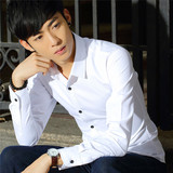 春装韩版修身青少年学生青年休闲男装韩版修身白色长袖衬衫男青年