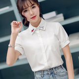 蕾可妮斯2016春装新款衬衫女士短袖学院风韩版甜美娃娃领白色衬衣