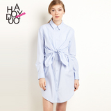 Haoduoyi2016夏装新款 时尚男友风单排扣衬衫短裙 褶皱系结连衣裙