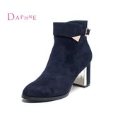 Daphne/达芙妮2015潮女鞋冬季保暖短棉靴 圆头粗跟高跟侧拉链女靴