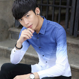 男士衬衫长袖2016新款青年拼色韩版修身方领个性男士衬衣长袖秋装