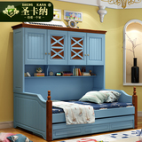 圣卡纳 儿童衣柜床组合床实木儿童床子母床多功能拖床白色高低床