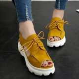 【天天特价】新款韩版女鞋 系带厚底短靴松糕底坡跟 增高鱼嘴凉鞋