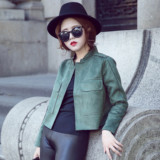 2016秋季新韩版修身复古风长袖麂皮绒休闲短款立领上衣军绿色外套