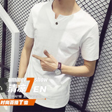 男士短袖T恤中国风V领运动青年纯色白色宽松体恤半袖夏季衣服男装