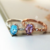 日本轻珠宝定制 S925纯银 天然紫水晶瑞士蓝托帕石 皇冠戒指指环