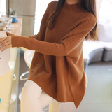艾韩伊2016春装新款韩版开半高领宽松套头针织衫中长款长袖毛衣女
