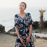 cherrykoko韩国直送正品代购春装新款复古印花V领短袖连衣裙 408
