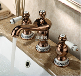 欧式三孔面盆水龙头全铜浴室柜玫瑰金色分体龙头青花瓷三件套