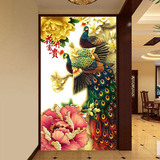 中式壁画走道玄关背景墙壁纸花开富贵孔雀牡丹客厅墙纸卧室装饰画