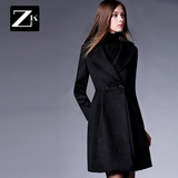 ZK女装2016冬装新款毛呢外套修身双排扣收腰显瘦中长款羊毛大衣潮