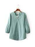 韩版外贸剪出口余单真品尾货原单女装抹茶绿灯笼袖V领衬衫女衬衣