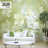 蕊西 手绘现代中式清新花卉油画壁纸 定制壁画 客厅沙发背景墙纸
