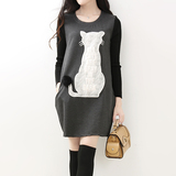 2015新款韩版字母圆领长袖连衣裙背影猫咪中长款女款T恤女毛衣