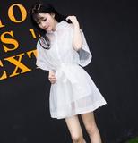 包邮2016春夏韩版新款修身甜美透视欧根纱收腰连衣裙+吊带两件套