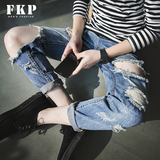 F．K．P2016夏季九分牛仔裤男士修身韩版九分裤大破洞潮男乞丐裤