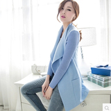 2014韩版新款春秋装女外套薄款毛呢大衣修身拼接立领中长款风衣