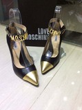欧洲站2016春款Moschino尖头绑带高跟鞋金属字母真皮女鞋大码单鞋
