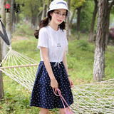 大码 夏装韩版新款青少年女装高中学生中长款波点短袖 少女连衣裙