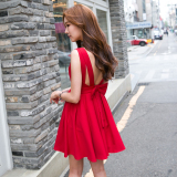 2016夏新款韩版红色裙子无袖海边度假沙滩短裙修身露背雪纺连衣裙
