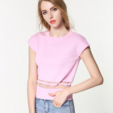2016夏新品欧美大码女装百搭粉色针织衫 外贸原单套头短袖毛织衫