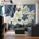 手绘艺术花卉墙纸壁纸 客厅电视背景墙壁纸 油画水仙无缝大型壁画