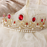 巴洛克金色大皇冠珍珠发饰复古新娘头饰红色水钻婚纱礼服饰品配饰