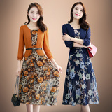 2016夏季新款韩版修身显瘦假两件印花雪纺连衣裙长袖中长款裙子潮