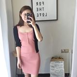 AM STUDIO 2016夏季新款甜美粉色前排扣吊带修身针织连衣裙