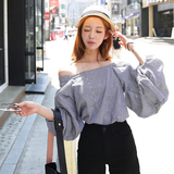 韩国代购Lagirl正品夏装新款时尚泡泡袖露肩一字领宽松衬衫女韩范