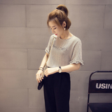 夏季韩国女装宽松套头雪纺衫黑白条纹字母百搭上衣服 夏天短袖T恤