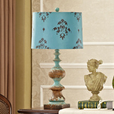 出口欧美豪华高端美式台灯复古做旧蓝手绘实木台灯别墅客厅卧室