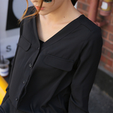 2016春装新款韩版女装 V领显瘦黑色衬衫女 长袖纯色雪纺 衬衣打底
