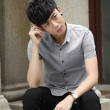 2016夏季青年韩版纯色短袖衬衫男装修身纯棉灰色简约休闲半袖衬衣