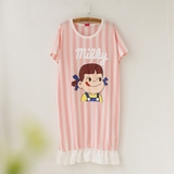 春夏季韩国睡衣粉色卡通甜美竖条纹短袖睡裙子宽松女士纯棉家居服