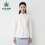 Hanp/汉麻世家棉麻长袖女衬衫时尚修身百搭白衬衣 中长款方领上衣
