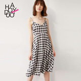 Haoduoyi2016夏装款 复古文艺范黑白撞色吊带裙 深V露背连衣裙