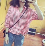 2016夏季新款宽松显瘦不规则格子衬衫女韩版潮学生七分袖打底上衣
