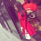 2016秋款连衣裙长袖针织女装红色韩版大码显瘦修身高腰蓬蓬裙冬季