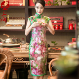 老上海定制 2016年夏装新长款高档重磅真丝弹力缎手工旗袍连衣裙