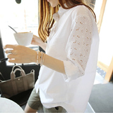 【天天特价】韩版大码气质甜美长袖绣花中长款镂空宽松白衬衫女新