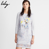 Lily2016春新款女装花朵装饰长袖显瘦通勤连衣裙115110L7112