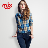 MJX2016春装新款韩范格子衬衫女装磨毛长袖简约打底修身情侣衬衣